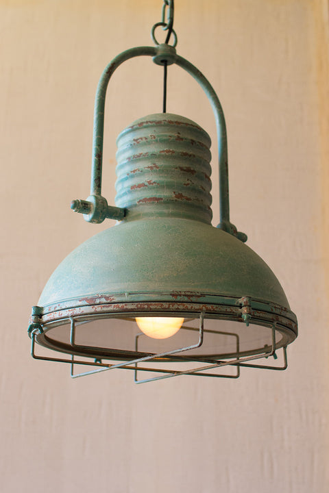 Antique Turquoise Pendant Light with Glass and Wire Cage | Nautical Decor | Lighting