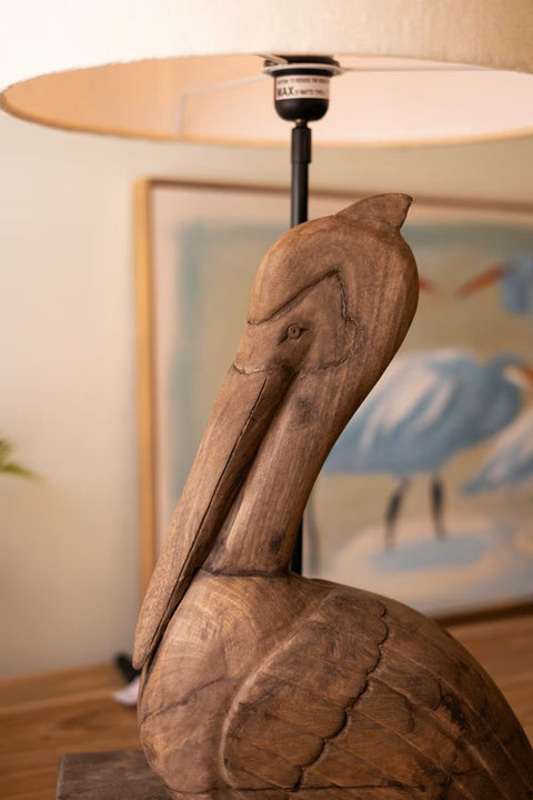 Carved Mango Wood Pelican Table Lamp Base with Fabric Shade | Coastal Decor | Lighting