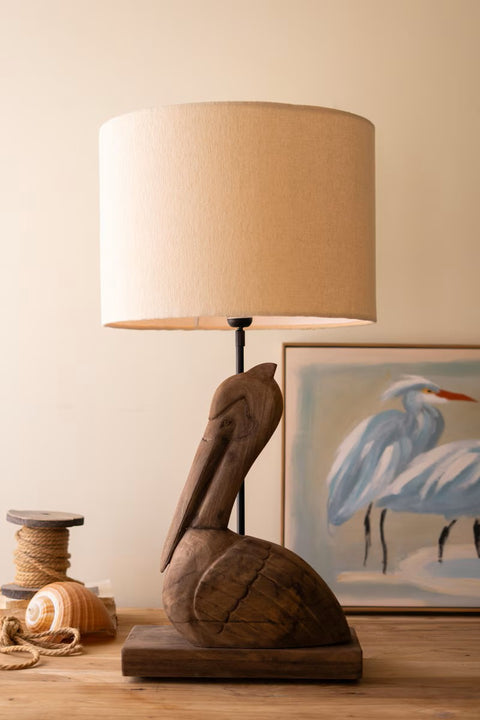 Carved Mango Wood Pelican Table Lamp Base with Fabric Shade | Coastal Decor | Lighting