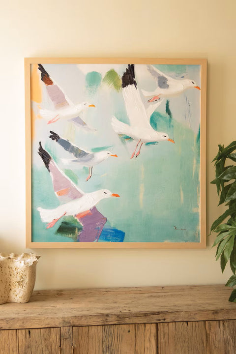 Framed Seagulls Painting | Coastal Decor | Wall Art