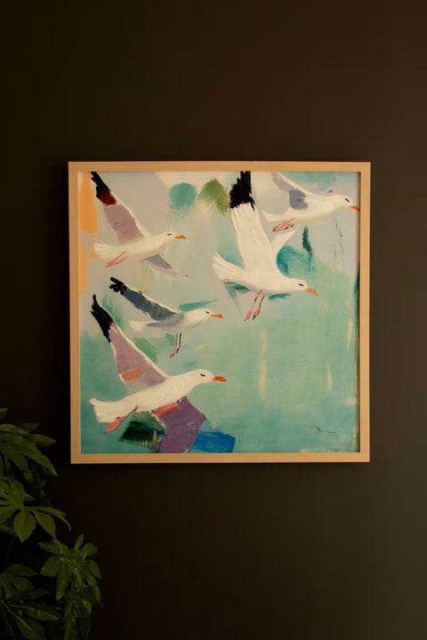 Framed Seagulls Painting | Coastal Decor | Wall Art