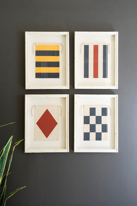 Set of 4 Framed Nautical Canvas Flags under Glass | Nautical Decor | Wall Art