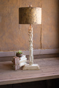 Table Lamp with Carved Wooden Base and Rustic Metal Shade | Coastal Decor | Lighting