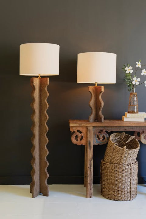Wavy Mango Wood Table Lamp with Fabric Shade | Island Decor | Lighting