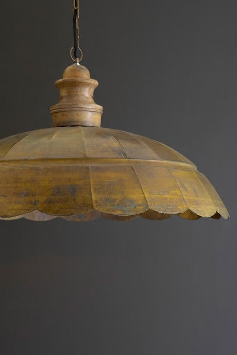 Wide Dome Antique Brass Pendant Light with Wood Detail | Nautical Decor | Lighting