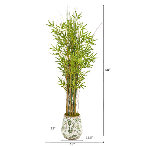 Bamboo Plant In Floral Print Planter | Island Decor | Artificial Flowers