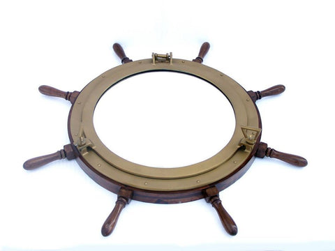Deluxe Class Wood and Antique Brass Ship Wheel Porthole Mirror | Nautical Decor | Mirrors