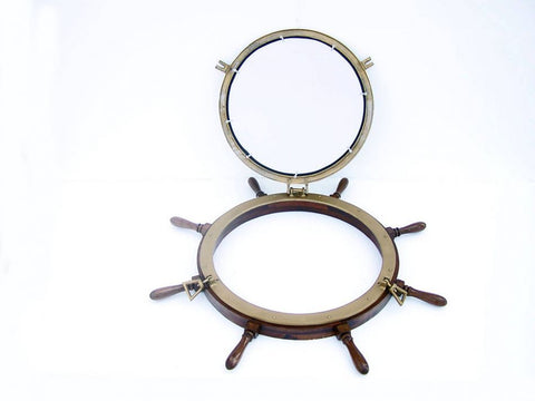 Deluxe Class Wood and Antique Brass Ship Wheel Porthole Mirror | Nautical Decor | Mirrors