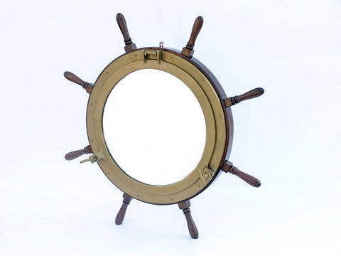 Deluxe Class Wood and Antique Brass Ship Wheel Porthole Mirror | Nautical Decor | Mirrors