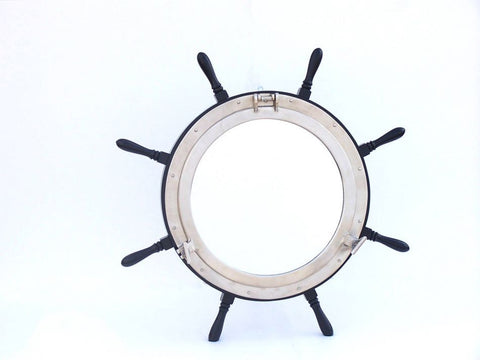 Deluxe Class Wood and Brushed Nickel Ship Wheel Porthole Mirror | Nautical Decor | Mirrors