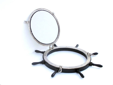 Deluxe Class Wood and Brushed Nickel Ship Wheel Porthole Mirror | Nautical Decor | Mirrors