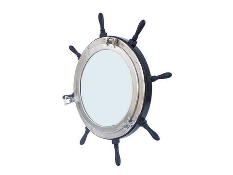 Deluxe Class Wood and Brushed Nickel Ship Wheel Porthole Mirror | Nautical Decor | Mirrors