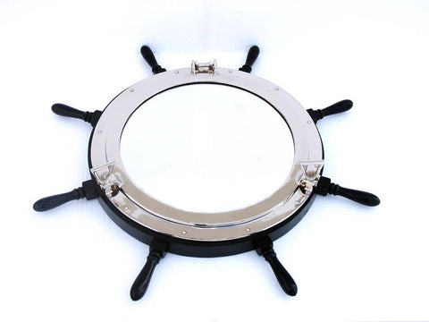 Deluxe Class Wood and Chrome Ship Wheel Porthole Mirror | Nautical Decor | Mirrors