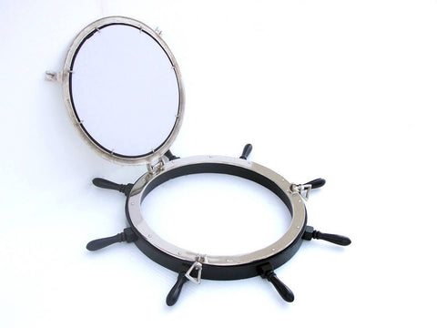 Deluxe Class Wood and Chrome Ship Wheel Porthole Mirror | Nautical Decor | Mirrors