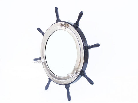 Deluxe Class Wood and Chrome Ship Wheel Porthole Mirror | Nautical Decor | Mirrors