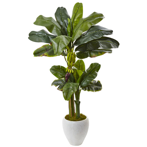 Double Stalk Banana Tree In White Planter | Island Decor | Artificial Flowers