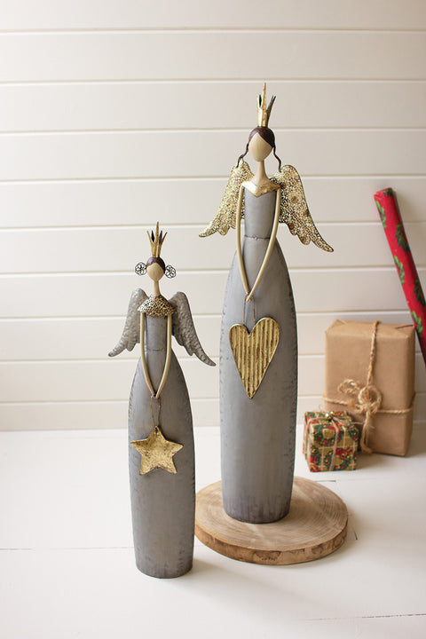 Gold and Grey Christmas Angels Holding a Heart and Star Set of 2 | Seasonal | Christmas
