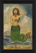 Mermaid Looking in Mirror Green Tail Framed Print | Island Decor | Wall Art