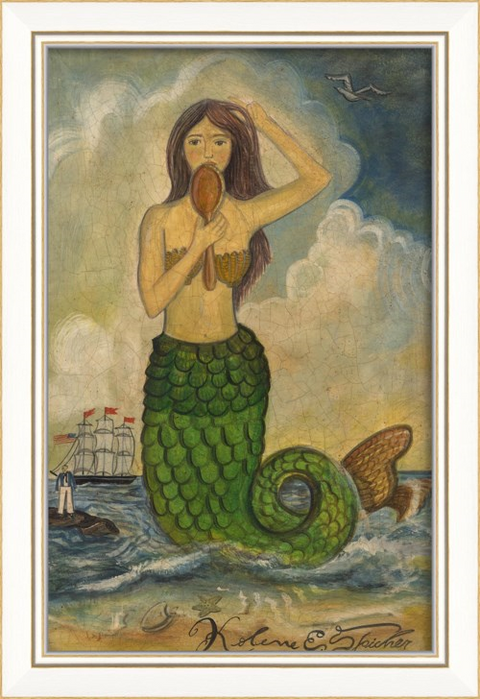 Mermaid Looking in Mirror Green Tail Framed Print | Island Decor | Wall Art