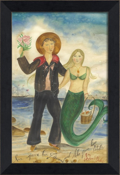 Mermaid with Flowers and Shells Framed Print | Island Decor | Wall Art