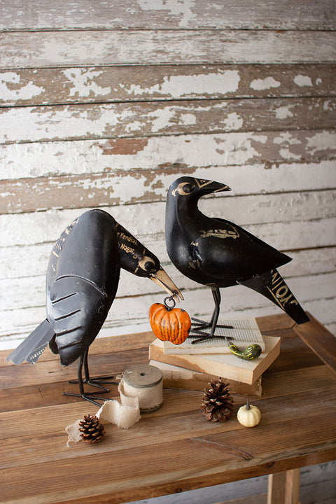 Recycled Iron Crows Holding a Pumpkin Set of 2 | Seasonal | Halloween