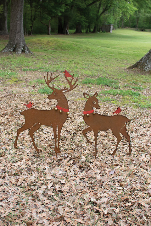 Set of 2 Rustic Reindeer Yard Art with Red Birds | Seasonal | Christmas