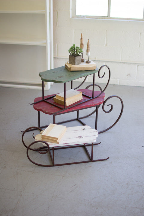 Set of 3 Painted Wood and Metal Sleighs | Seasonal | Christmas
