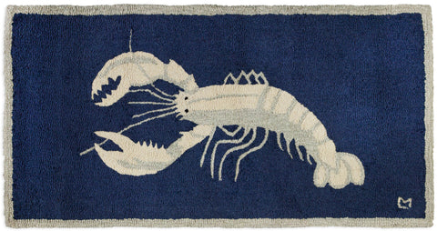 White Lobster on Navy Hooked Rug | Coastal Decor | Rugs