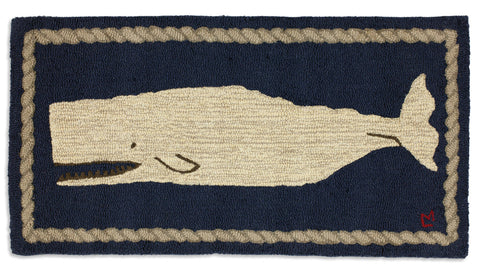 White Whale on Blue Hooked Wool Rug | Nautical Decor | Rugs