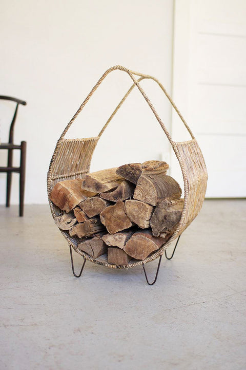 Woven Rush and Metal Firewood Rack with Tall Handle | Coastal Decor | Home Accessories